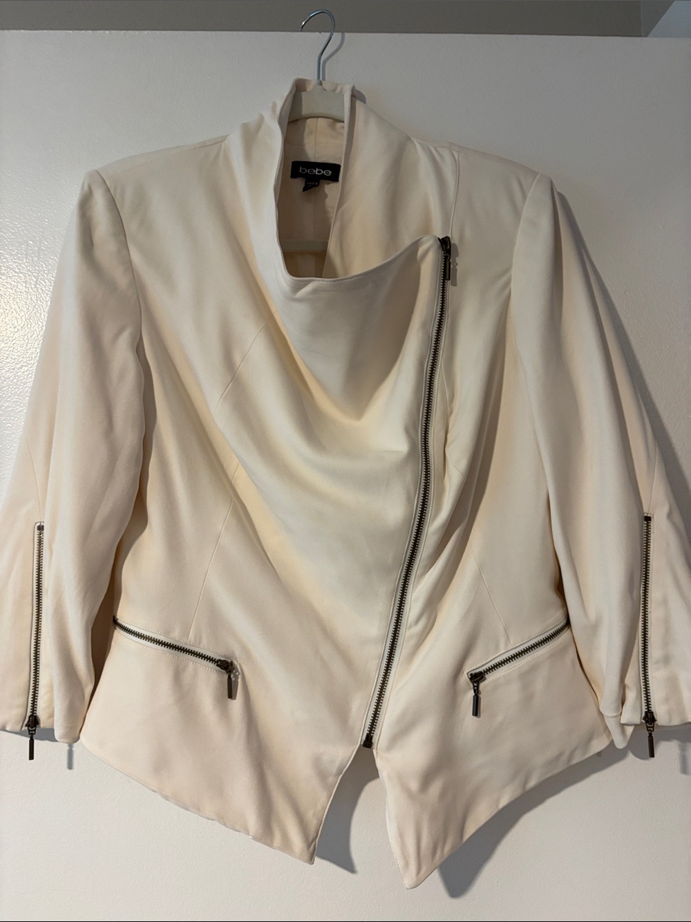 bebe Off-White Draped Asymmetrical Zip Blazer